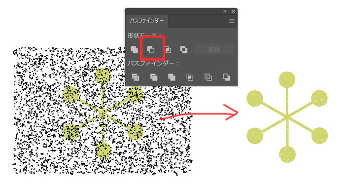 グランジにオブジェクトを重ね、前面オブジェクトで型抜き