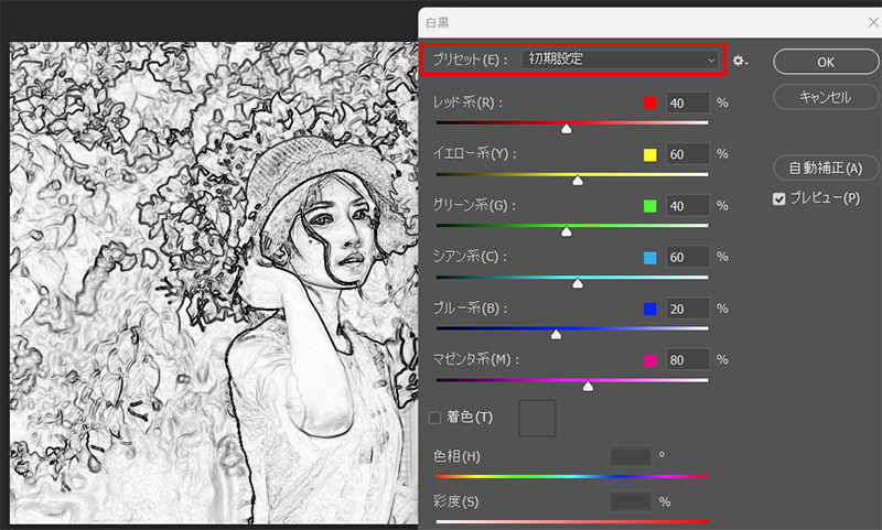 写真を白黒にする。プリセットは初期設定とする